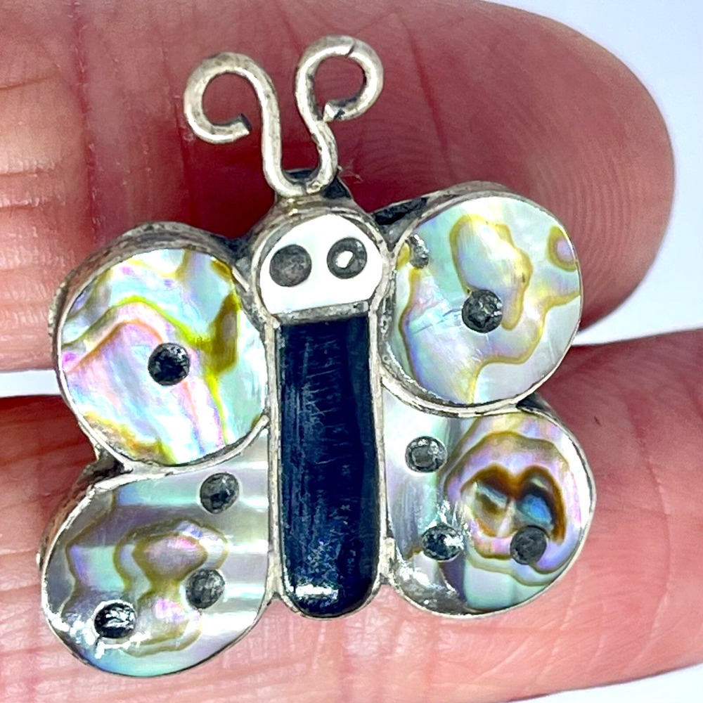 Zuni Butterfly Pendant Brooch Multi Inlay 1" Sterling Signed‎ Bug Turquoise Pin